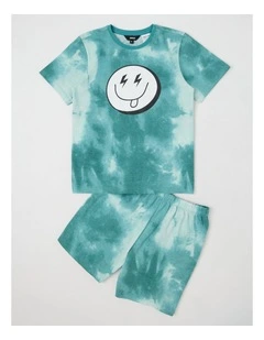 Smiley Tie Dye Jersey Pyjamas in Teal