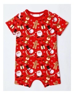 Xmas Gingerbread Family Matching Print Romper in Crimson
