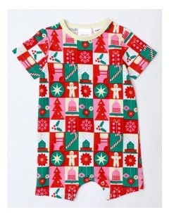Xmas Wrapping Paper Family Matching Print Romper in Multi