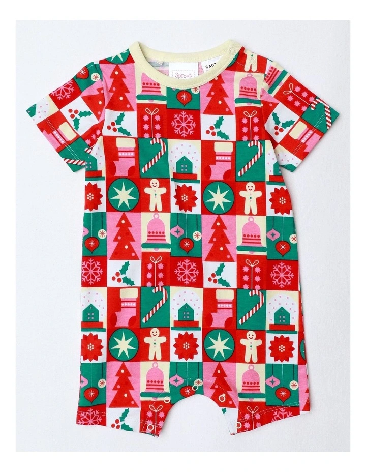 Xmas Wrapping Paper Family Matching Print Romper in Multi image 1