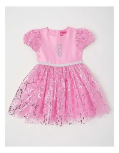 Barbie Metallic Puff Sleeve Dress in Hot Pink