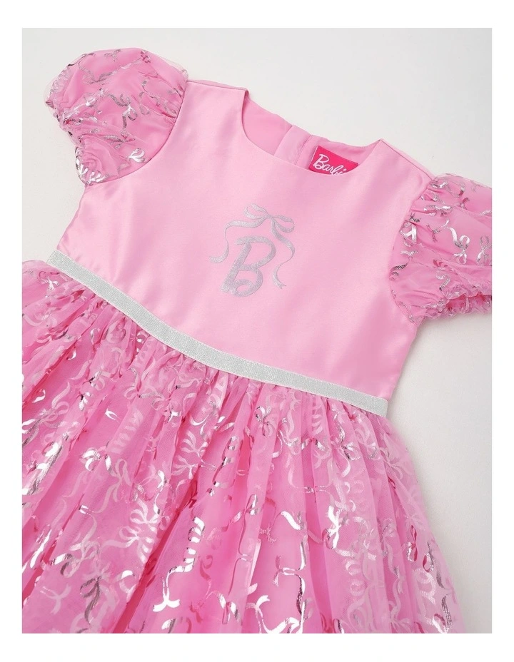 Barbie Metallic Puff Sleeve Dress in Hot Pink image 3