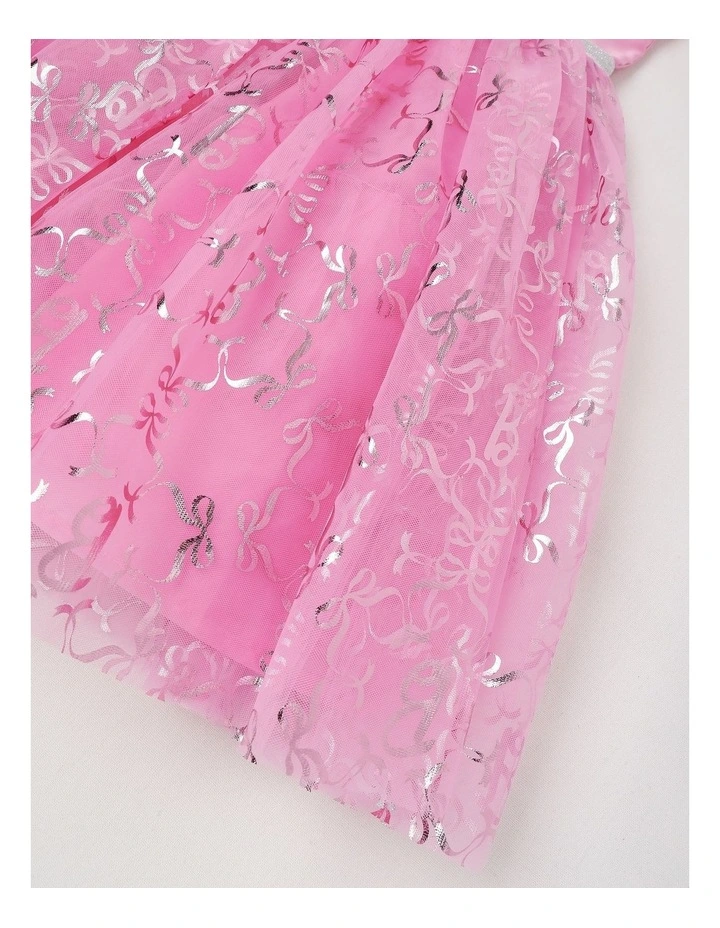 Barbie Metallic Puff Sleeve Dress in Hot Pink image 4