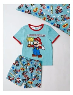 Super Mario Kart Stamp Pyjama With A Pillowcase in Pale Blue