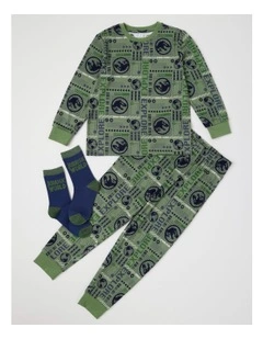 Jurassic Cosy Knit Pyjama With Socks in Green