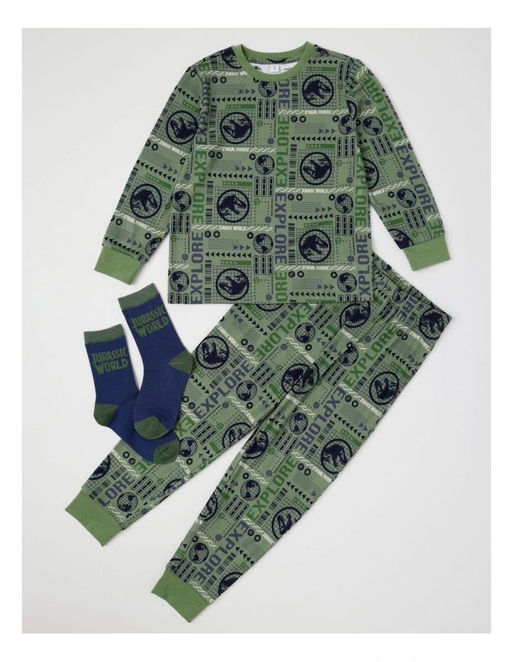 Jurassic Cosy Knit Pyjama With Socks in Green image 1