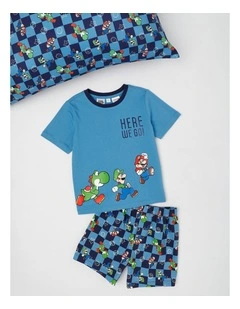 Super Mario Check Pyjamas With A Pillowcase in Bright Blue