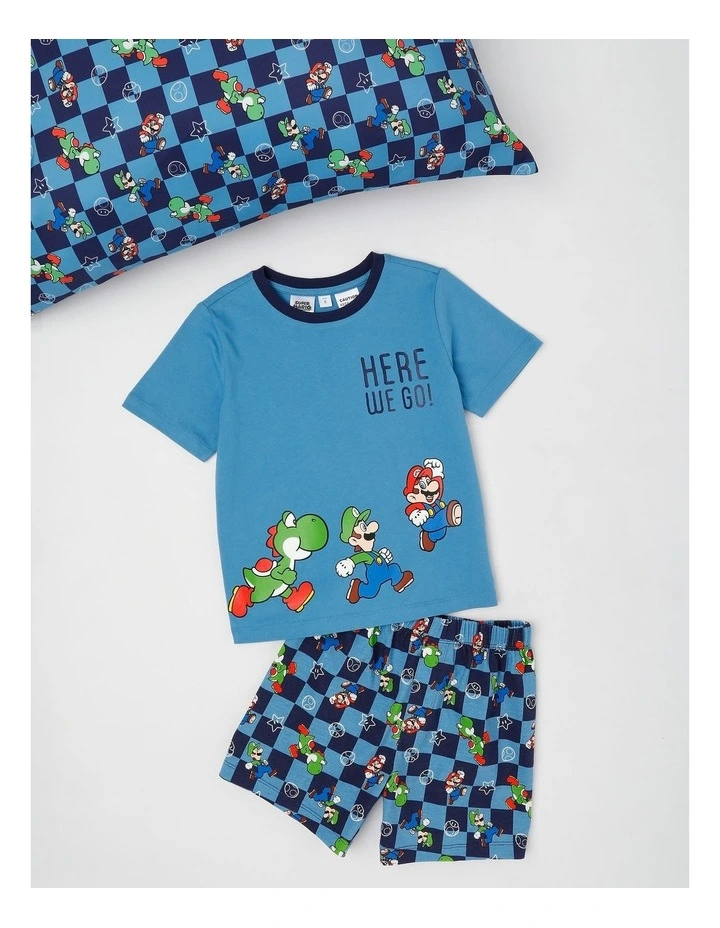 Super Mario Check Pyjamas With A Pillowcase in Bright Blue image 1