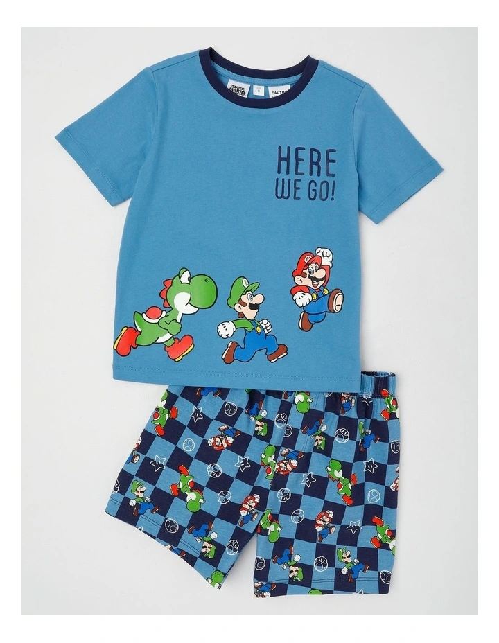 Super Mario Check Pyjamas With A Pillowcase in Bright Blue image 2