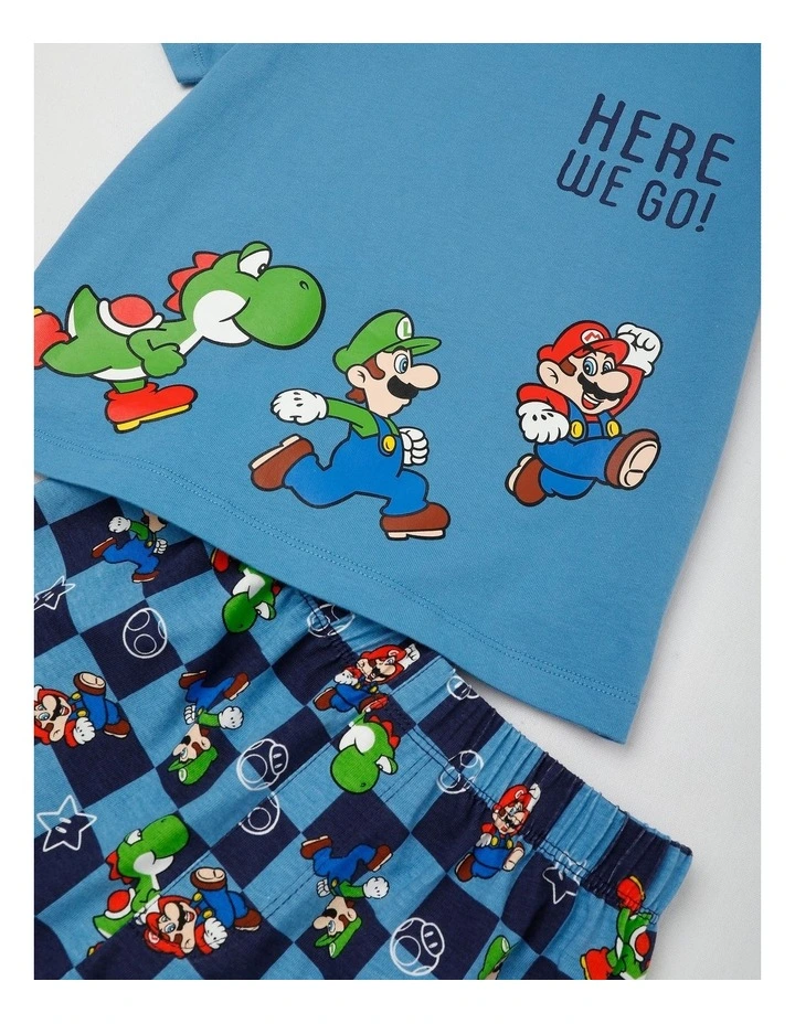 Super Mario Check Pyjamas With A Pillowcase in Bright Blue image 4