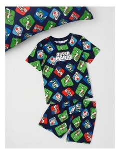 Super Mario Geometric Pyjamas With A Pillowcase in Blue