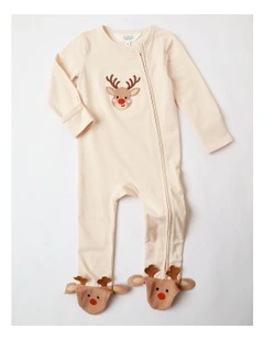 Festive Reindeer Applique Baby Coverall in Beige