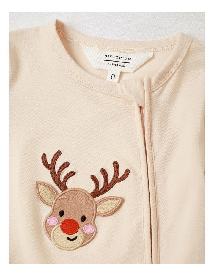 Festive Reindeer Applique Baby Coverall in Beige image 2