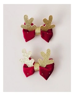 Reindeer Pig Tail Hair Clips in Red