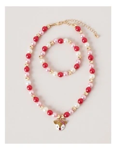 Christmas Beaded Bracelet & Necklace Set in Pink