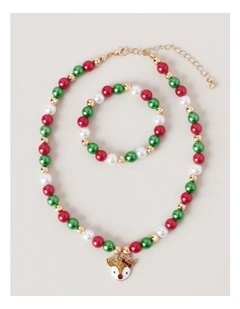Christmas Beaded Bracelet & Necklace Set in Red
