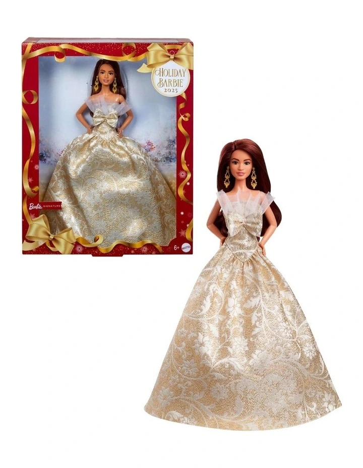 2025 Holiday Barbie Dark Brown Hair with Silver & Gold Gown Doll image 1
