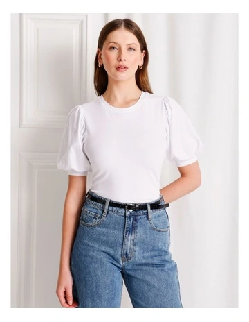 Organic Cotton Blend Puff Sleeve Tee in White