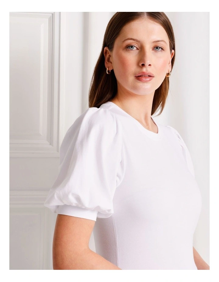 Organic Cotton Blend Puff Sleeve Tee in White image 2