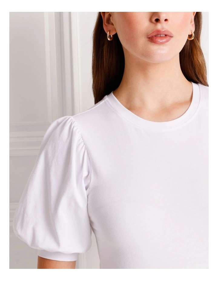 Organic Cotton Blend Puff Sleeve Tee in White image 4