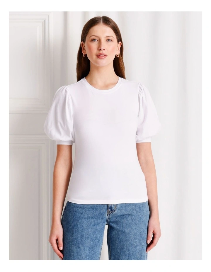 Organic Cotton Blend Puff Sleeve Tee in White image 5