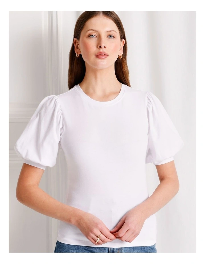 Organic Cotton Blend Puff Sleeve Tee in White image 7