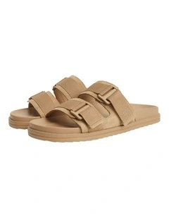 Webbing Strap Buckle Suede Sandals in Beige