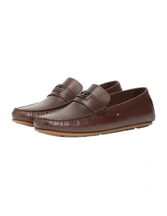 Flag Plaque Leather Driver Shoes in Black