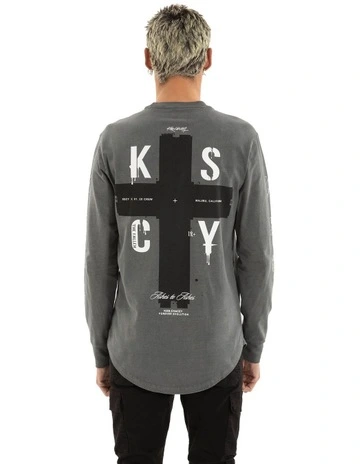 Cautious Dual Curved Long Sleeve Tee in Grey