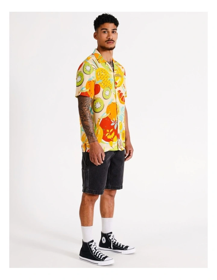 Caterpillar Print Short Sleeve Rayon Shirt in Yellow image 1