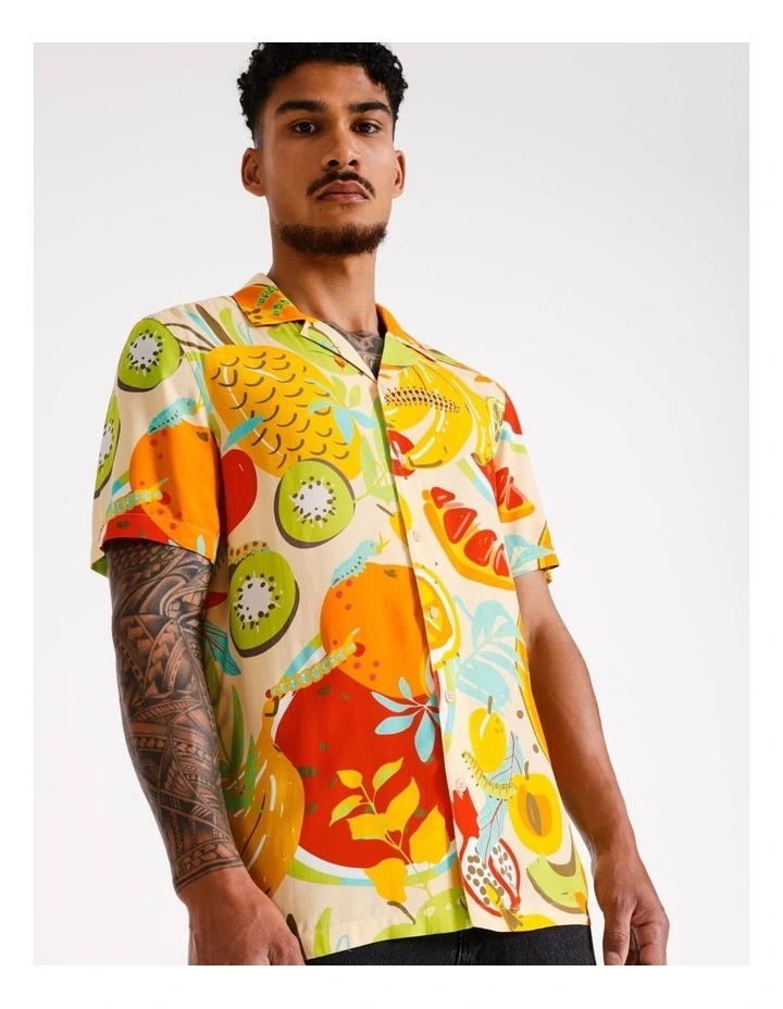 Caterpillar Print Short Sleeve Rayon Shirt in Yellow image 2