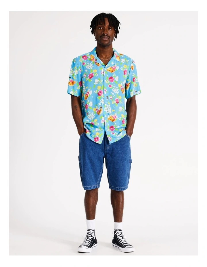Paint Splatter Print Short Sleeve Rayon Shirt in Blue image 1