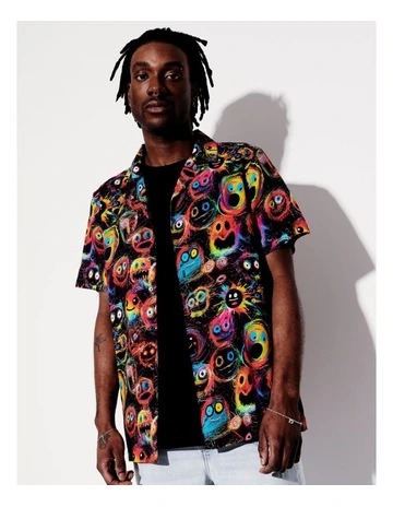 Abstract Print Short Sleeve Rayon Shirt in Black