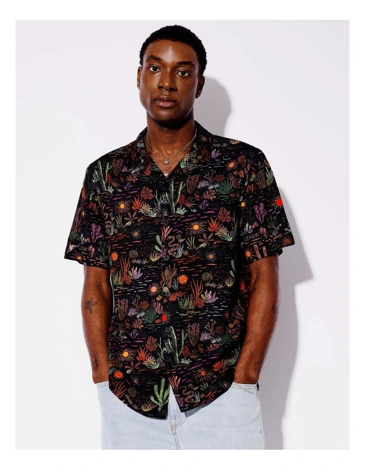 Cactus Country Print Short Sleeve Textured Rayon Shirt in Black image 1
