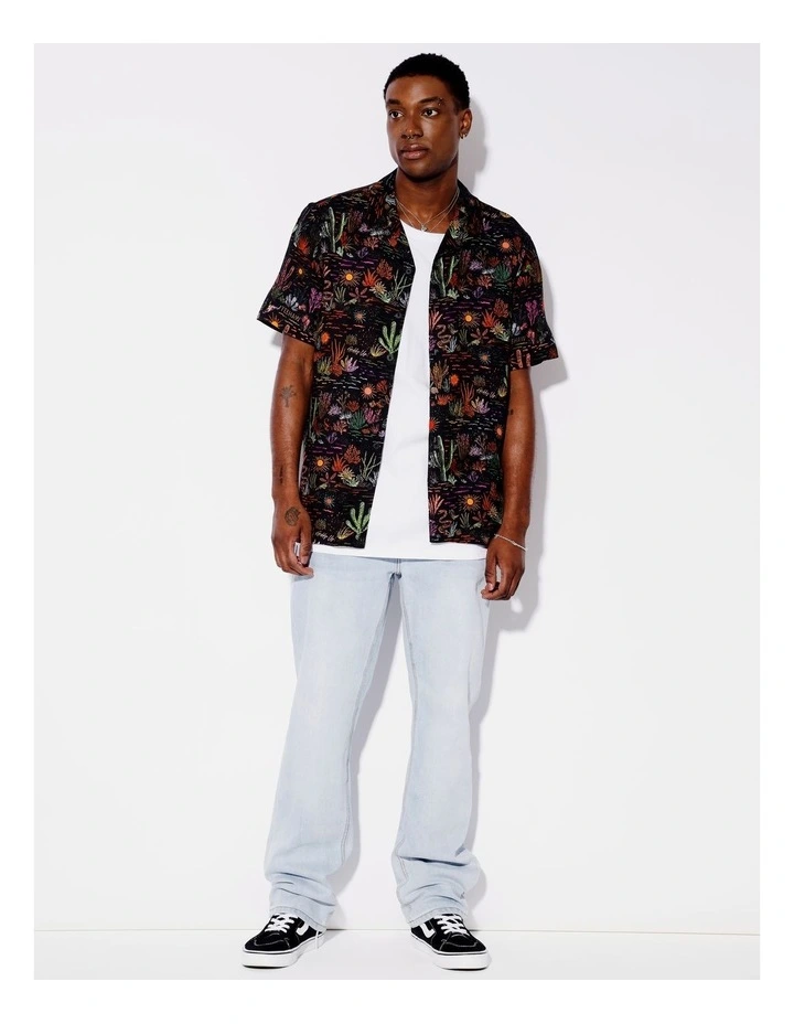 Cactus Country Print Short Sleeve Textured Rayon Shirt in Black image 2