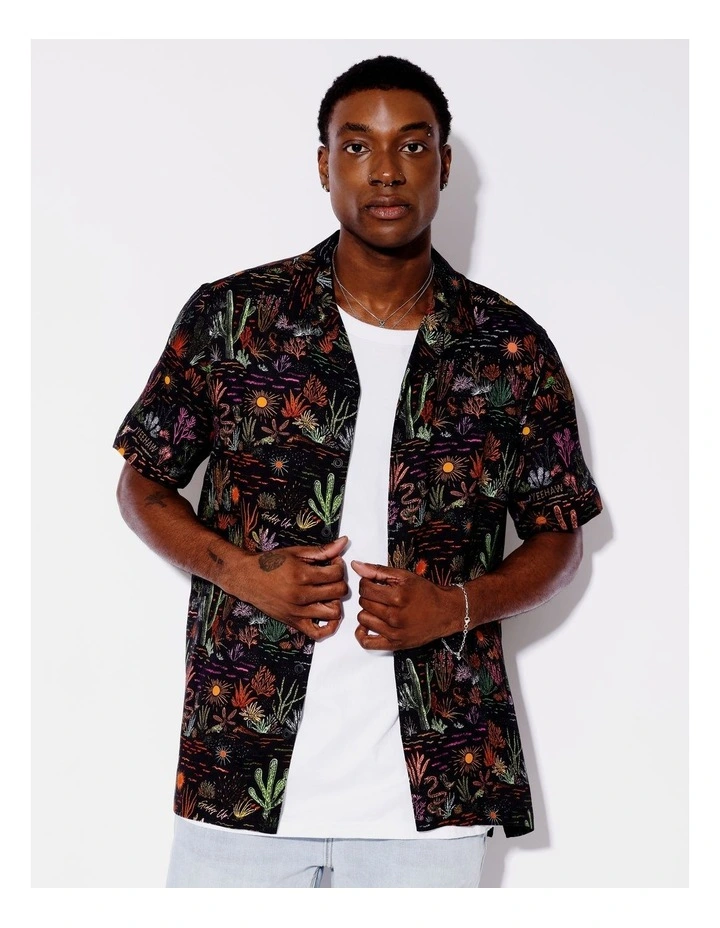 Cactus Country Print Short Sleeve Textured Rayon Shirt in Black image 3