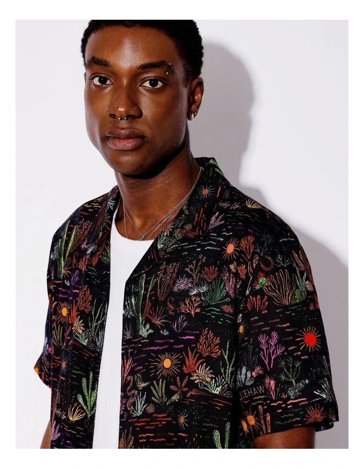 Cactus Country Print Short Sleeve Textured Rayon Shirt in Black image 5