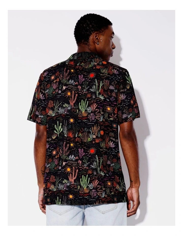 Cactus Country Print Short Sleeve Textured Rayon Shirt in Black image 6