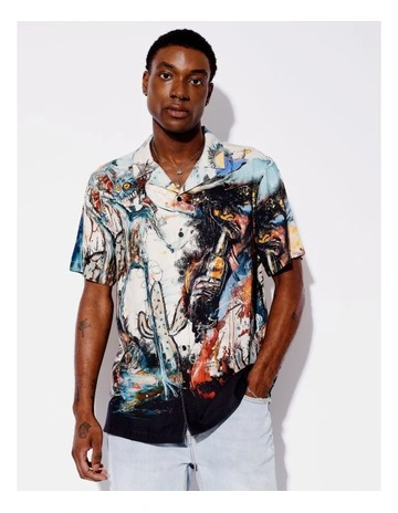 Yeehaw Placement Print Short Sleeve Textured Rayon Shirt in Assorted