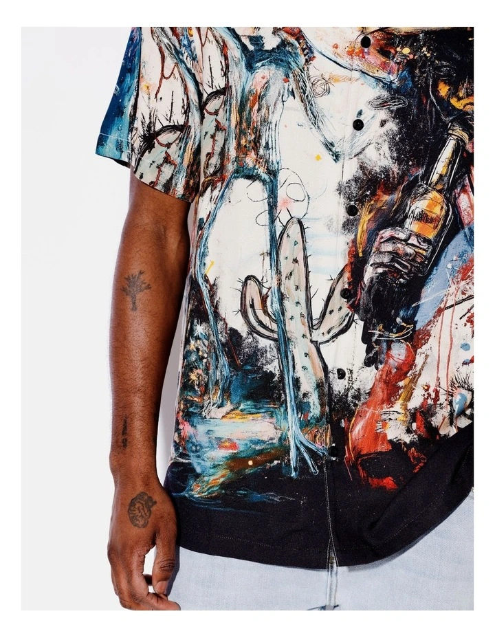 Yeehaw Placement Print Short Sleeve Textured Rayon Shirt in Assorted image 2