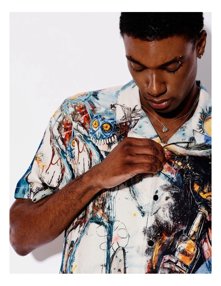 Yeehaw Placement Print Short Sleeve Textured Rayon Shirt in Assorted image 3