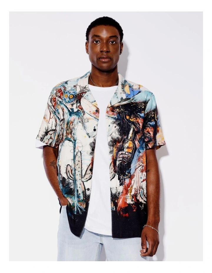 Yeehaw Placement Print Short Sleeve Textured Rayon Shirt in Assorted image 4