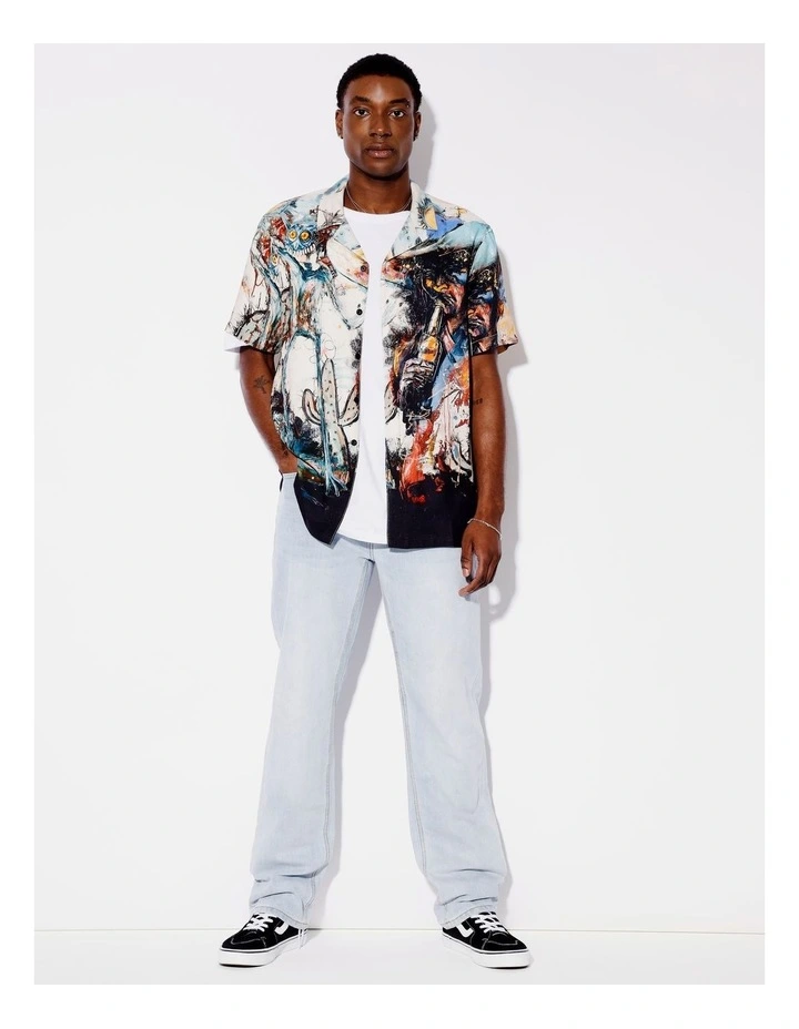 Yeehaw Placement Print Short Sleeve Textured Rayon Shirt in Assorted image 5