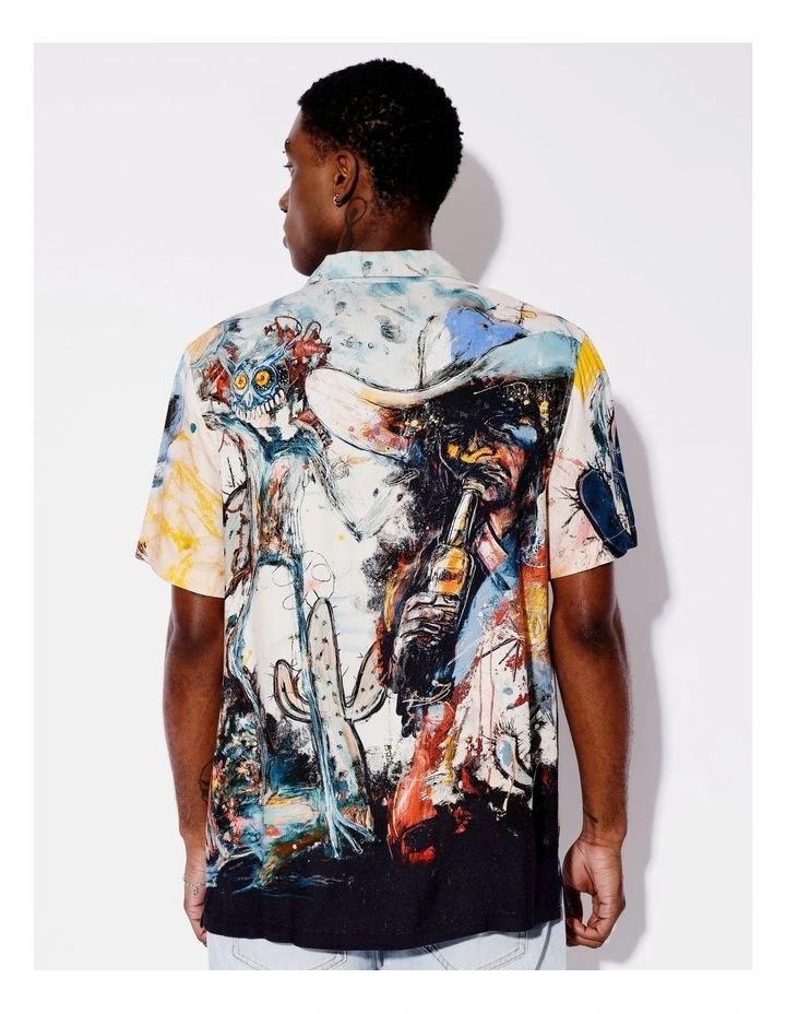 Yeehaw Placement Print Short Sleeve Textured Rayon Shirt in Assorted image 6