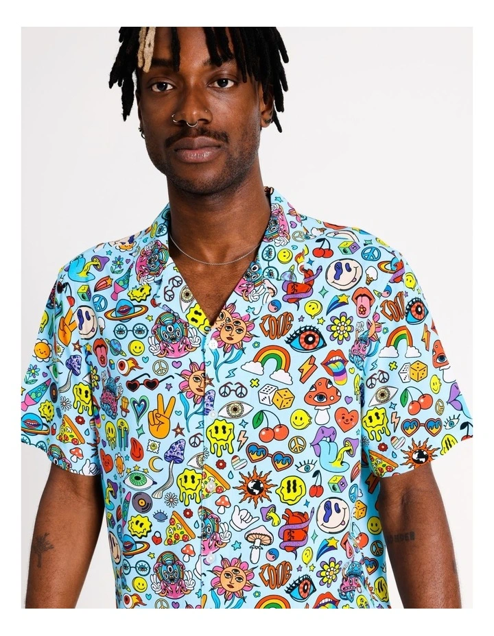 Rainbow Road Print Short Sleeve Rayon Shirt in Blue image 3