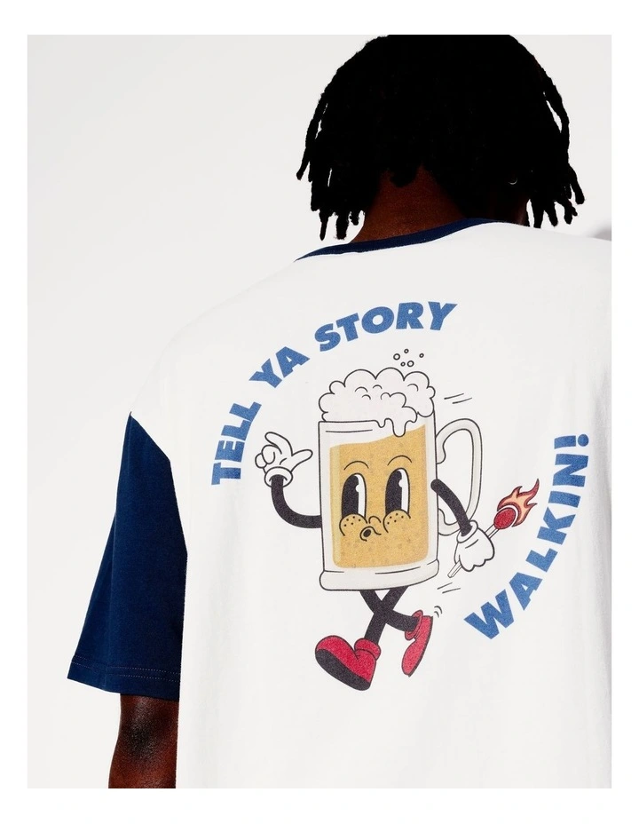 Walkin Story Placement Print Sleeve Oversize Contrast Short Sleeve in White image 2