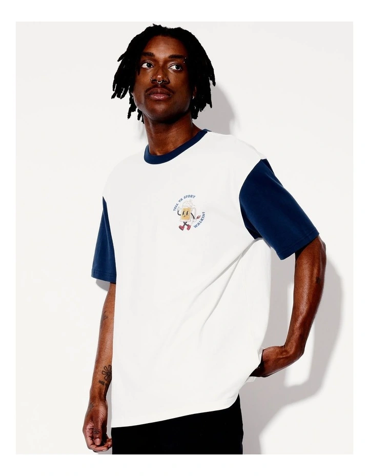 Walkin Story Placement Print Sleeve Oversize Contrast Short Sleeve in White image 4