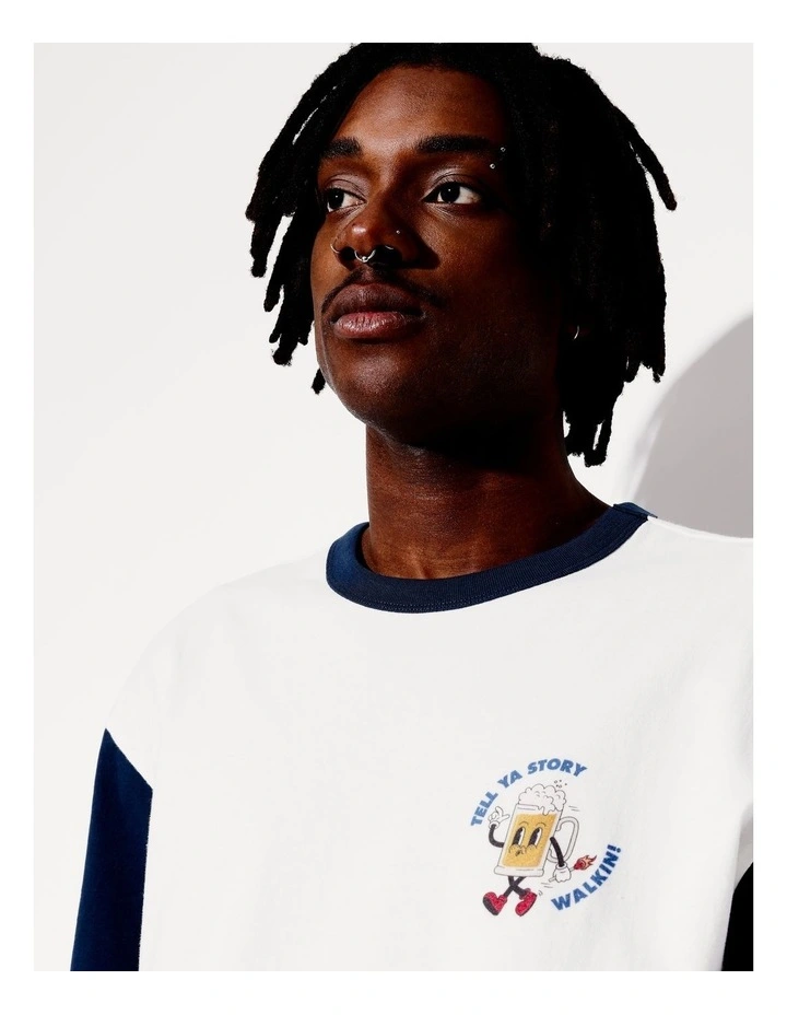 Walkin Story Placement Print Sleeve Oversize Contrast Short Sleeve in White image 5