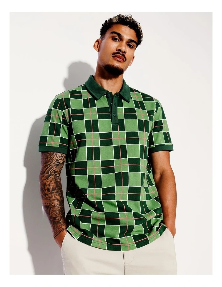 Check Print Pique Short Sleeve Polo in Green image 3