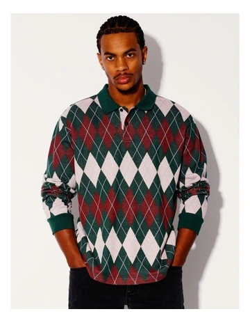 Ambush Argyle Longsleeve Polo in Green